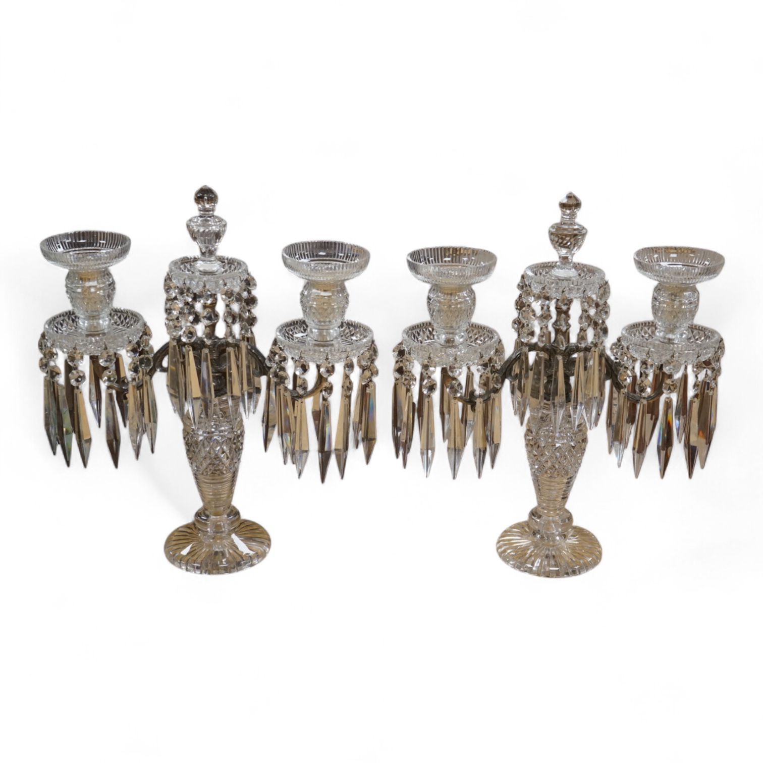 A pair of Victorian cut glass candelabra, probably Perry & Co, in Regency style, for electricity, 38cm